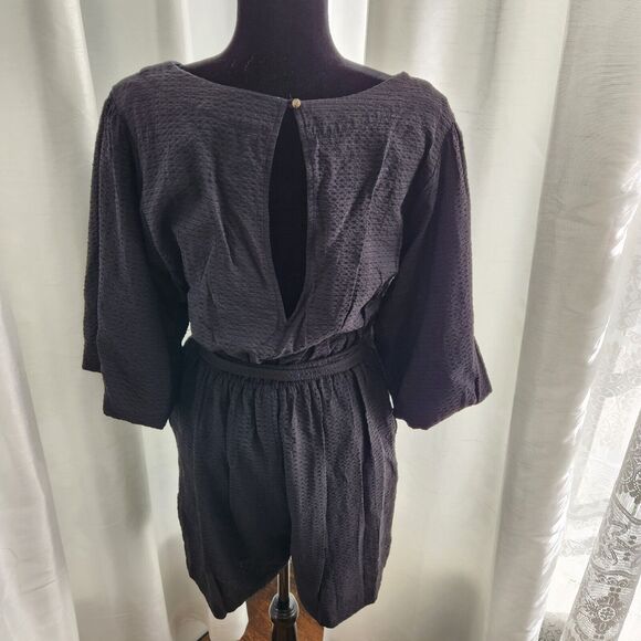 Anthropologie Francesca Balloon Sleeve Textured Romper Medium Womens BLACK - Picture 9 of 13